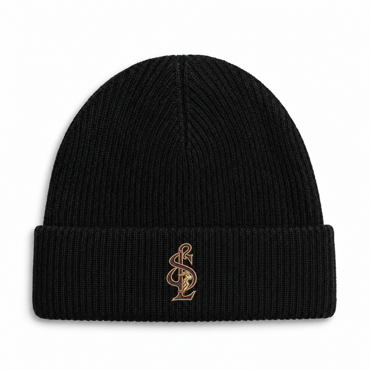 Front view of the Shepherd & Lamb Signature Cashmere Merino Beanie in Black, with monogram on the folded cuff.