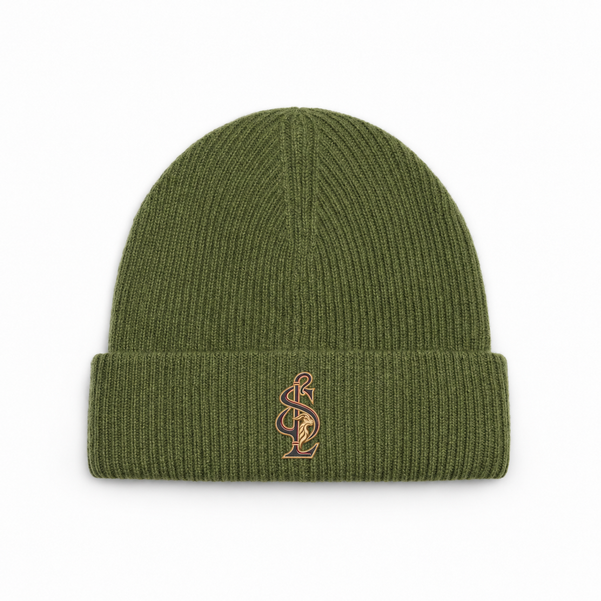 Front view of the Shepherd & Lamb Signature Cashmere Merino Beanie in Moss, with monogram on the folded cuff.