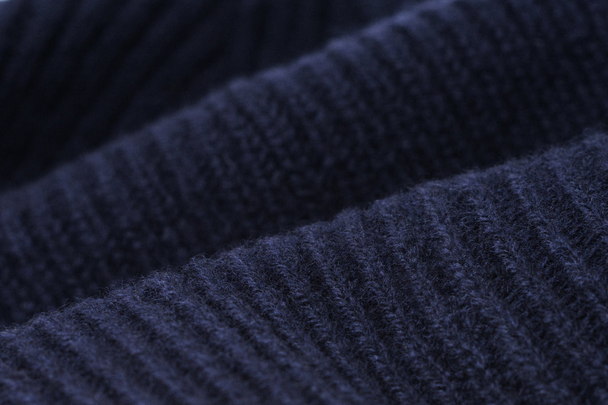 Original manufacturer close-up of the Navy cashmere-merino rib knit used for the Signature Cashmere Merino Beanie.