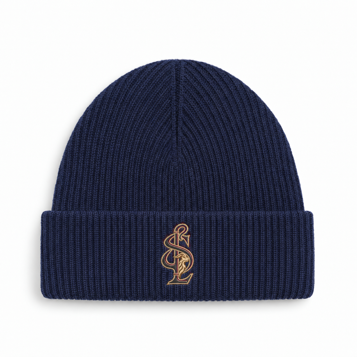 Front view of the Shepherd & Lamb Signature Cashmere Merino Beanie in Navy, with monogram on the folded cuff.
