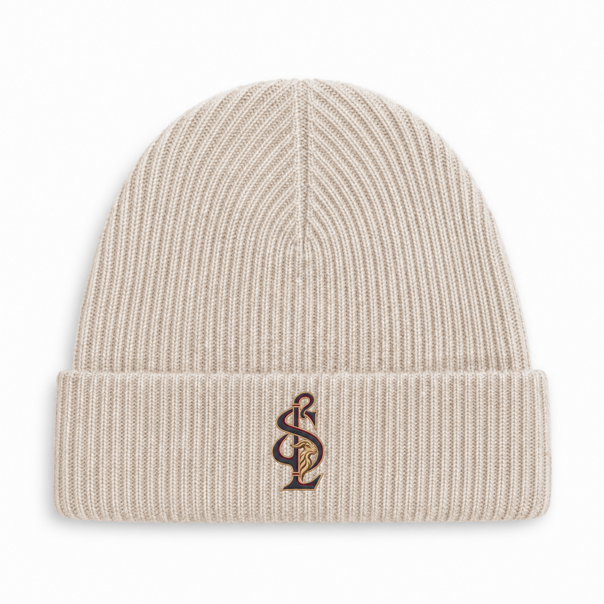 Front view of the Shepherd & Lamb Signature Cashmere Merino Beanie in Oat, with monogram on the folded cuff.