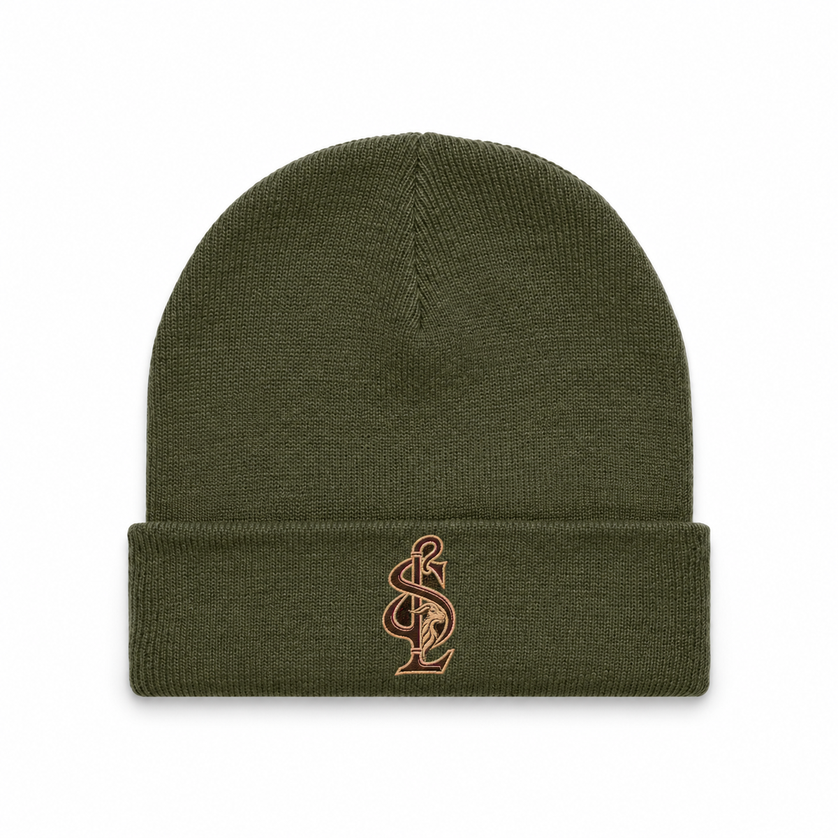 Front view of the Shepherd & Lamb Signature Cuff Beanie in Army, with monogram on the folded cuff.