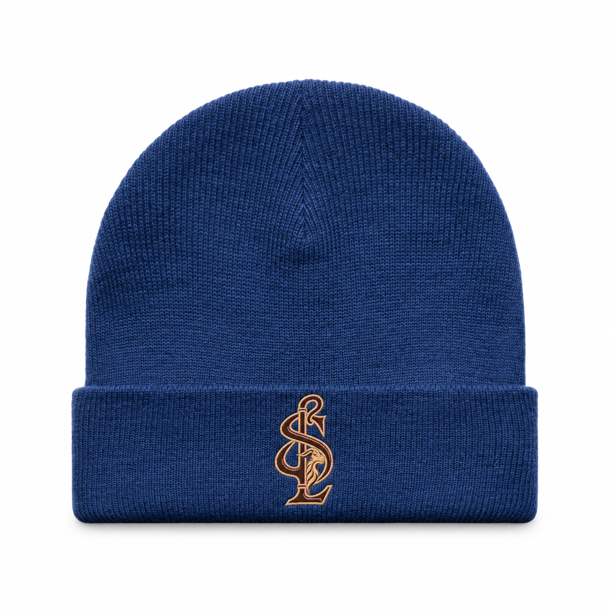 Front view of the Shepherd & Lamb Signature Cuff Beanie in Cobalt, with monogram on the folded cuff.