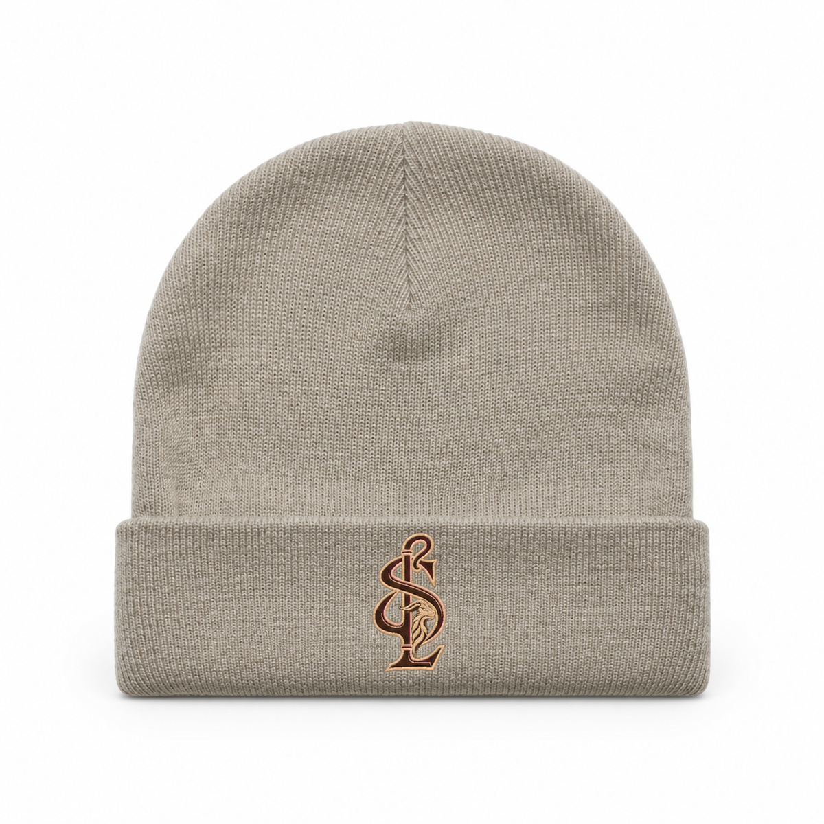 Front view of the Shepherd & Lamb Signature Cuff Beanie in Mushroom, with monogram on the folded cuff.