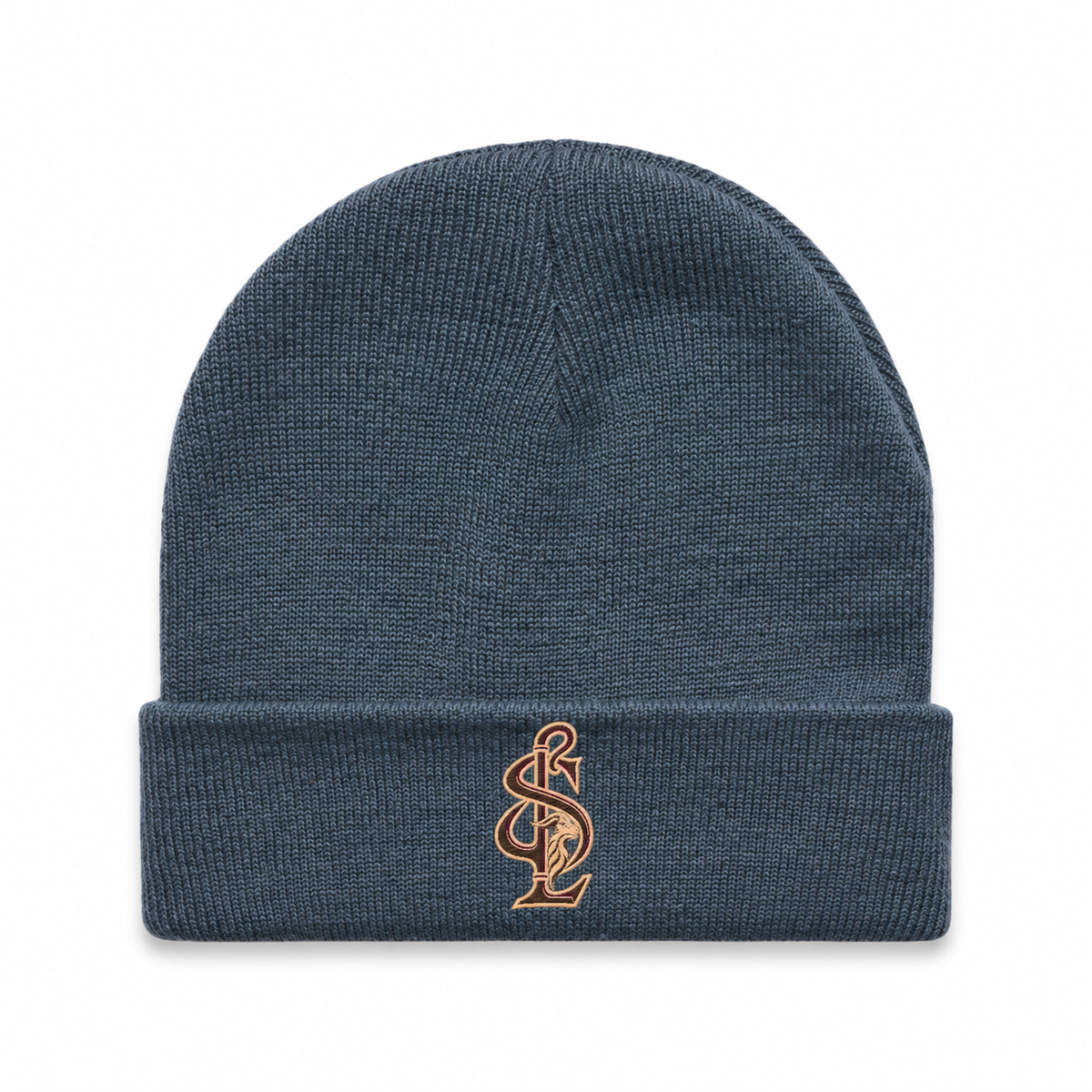 Front view of the Shepherd & Lamb Signature Cuff Beanie in Petrol Blue, with monogram on the folded cuff.