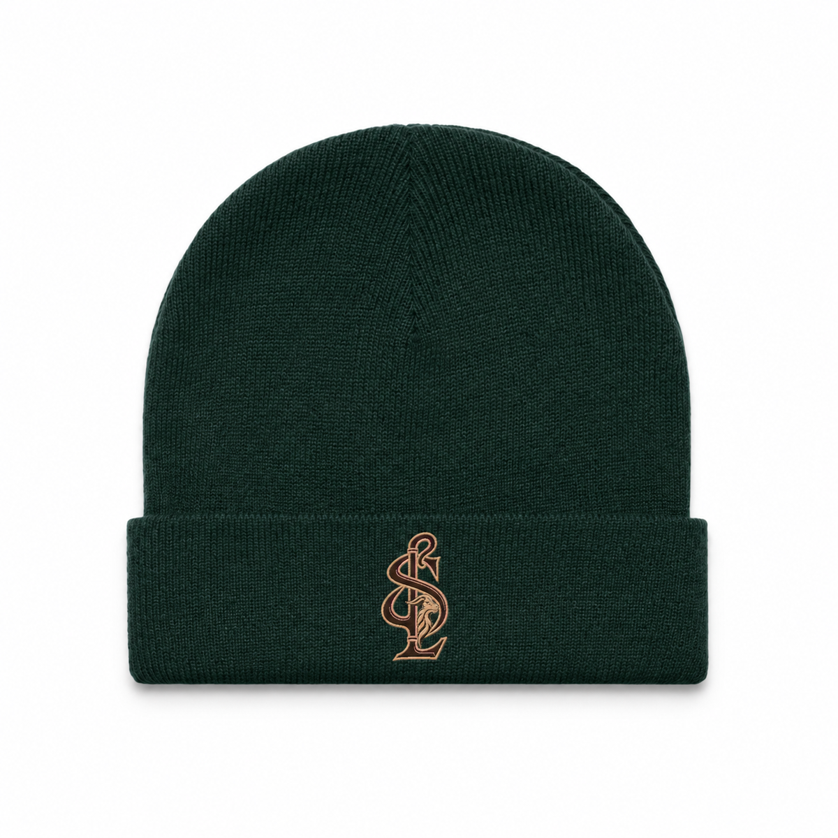 Front view of the Shepherd & Lamb Signature Cuff Beanie in Pine Green, with monogram on the folded cuff.