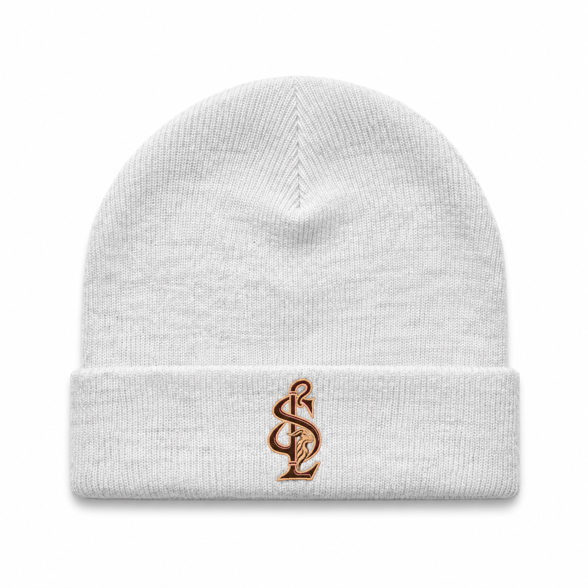 Front view of the Shepherd & Lamb Signature Cuff Beanie in White Heather, with monogram on the folded cuff.
