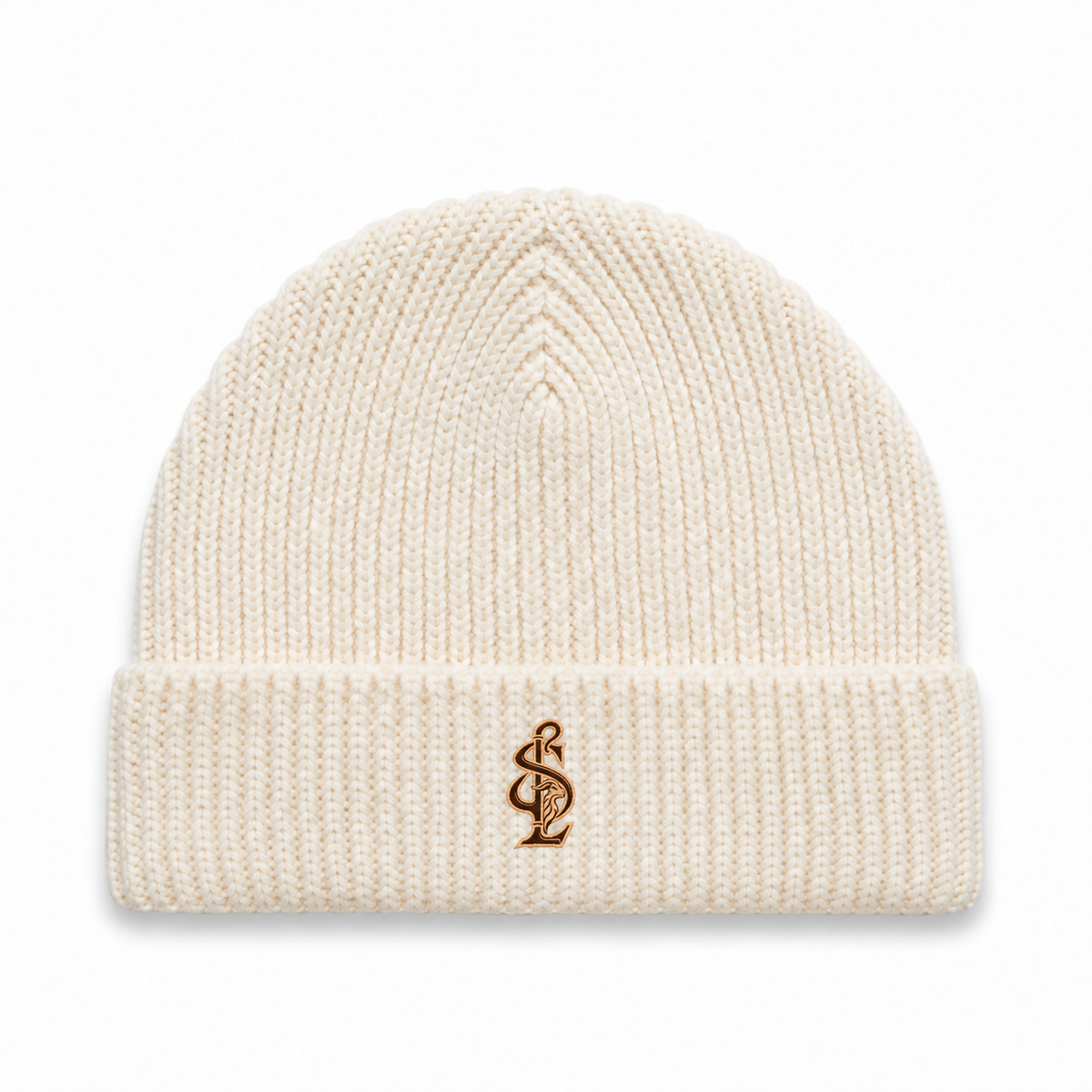 Front view of the Shepherd & Lamb Signature Gauge Beanie in Ecru, with monogram on the folded cuff.
