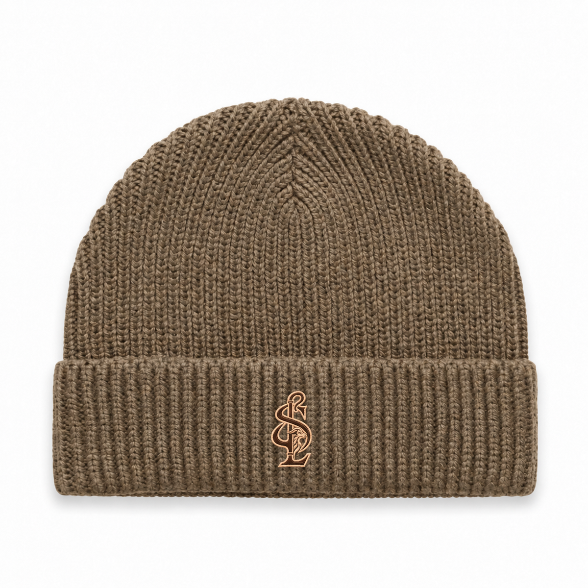 Front view of the Shepherd & Lamb Signature Gauge Beanie in Walnut, with monogram on the folded cuff.