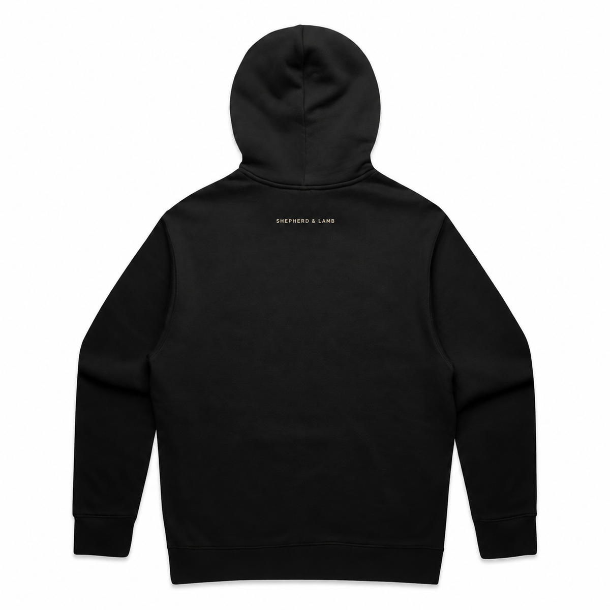 Back view of the Shepherd & Lamb Signature Relax Hoodie in Black, showing the upper-back wordmark.