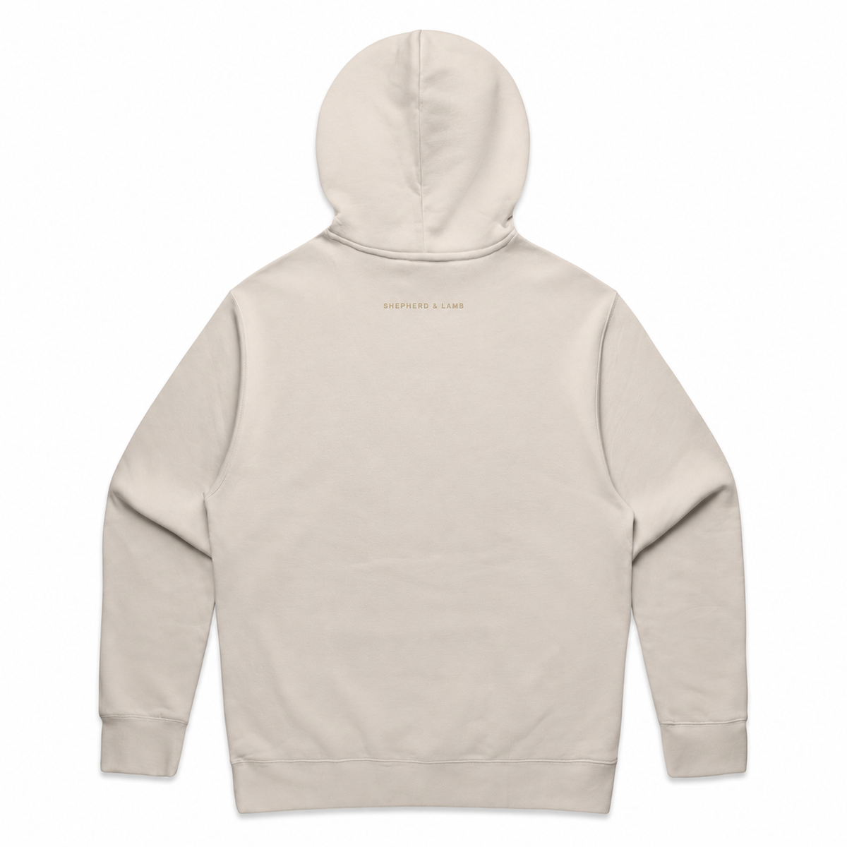 Back view of the Shepherd & Lamb Signature Relax Hoodie in Bone, showing the upper-back wordmark.