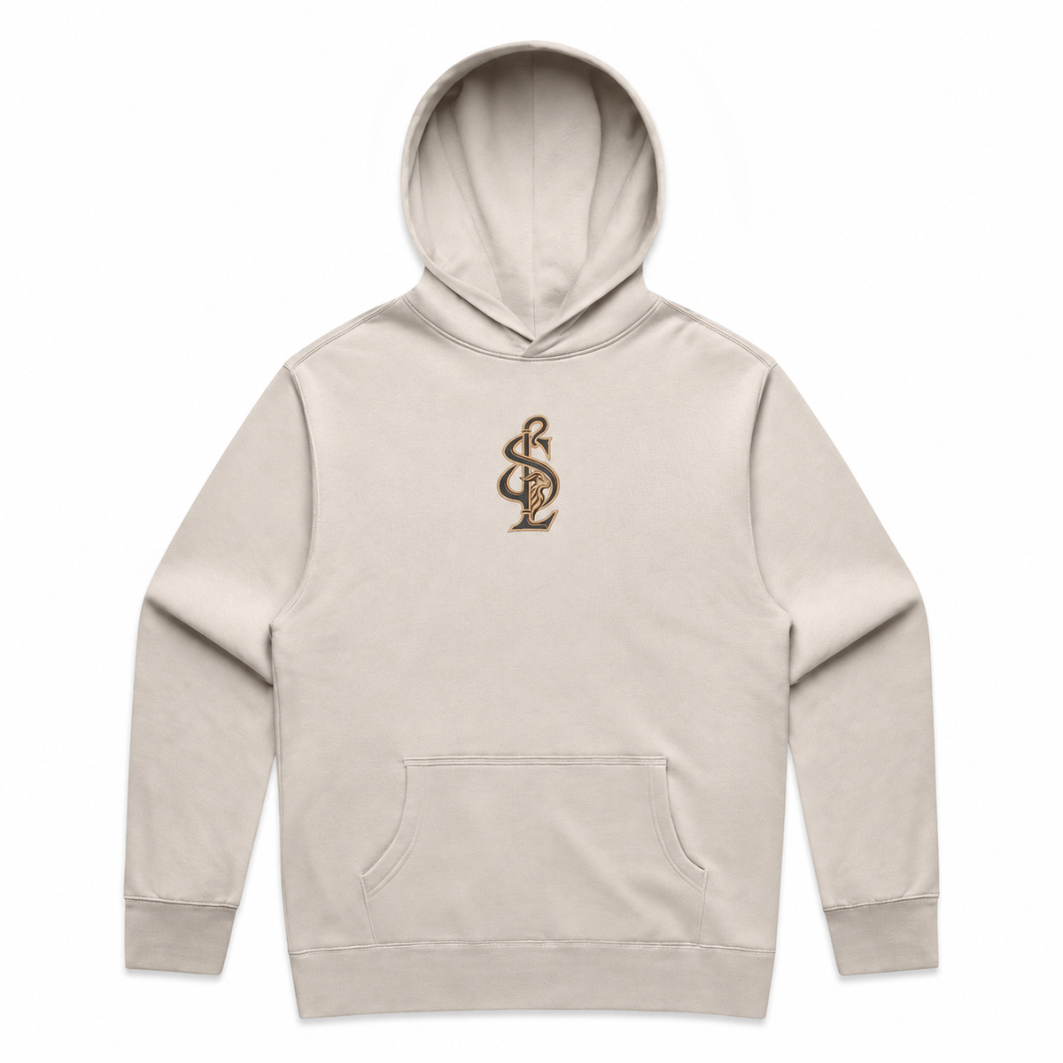Front view of the Shepherd & Lamb Signature Relax Hoodie in Bone, with centered chest monogram.