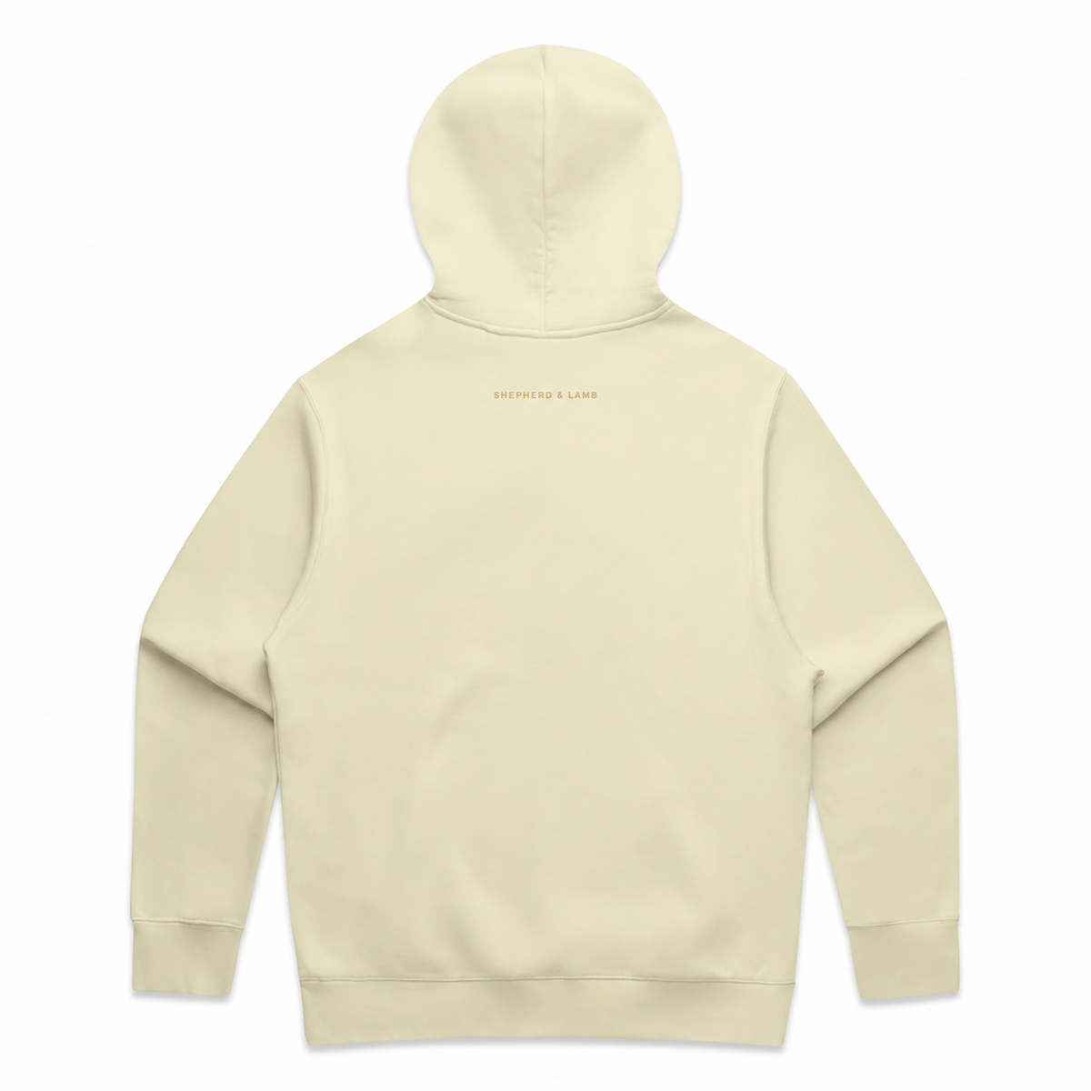 Back view of the Shepherd & Lamb Signature Relax Hoodie in Butter, showing the upper-back wordmark.
