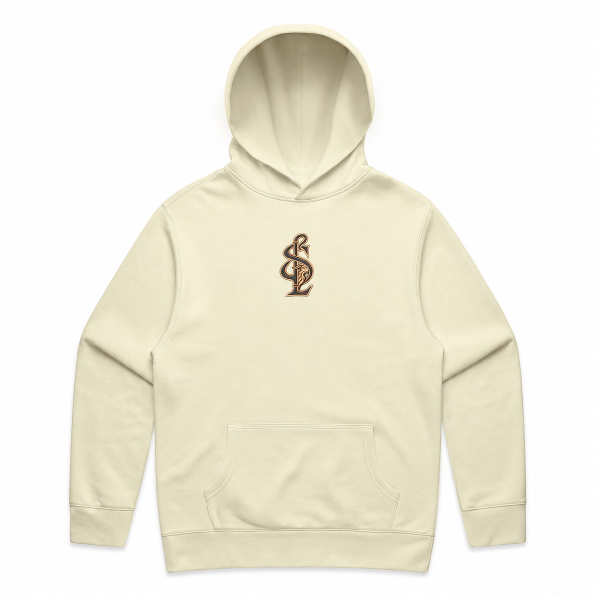 Front view of the Shepherd & Lamb Signature Relax Hoodie in Butter, with centered chest monogram.