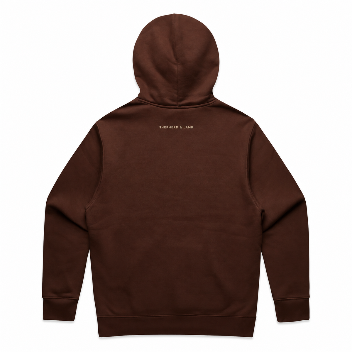 Back view of the Shepherd & Lamb Signature Relax Hoodie in Chestnut, showing the upper-back wordmark.