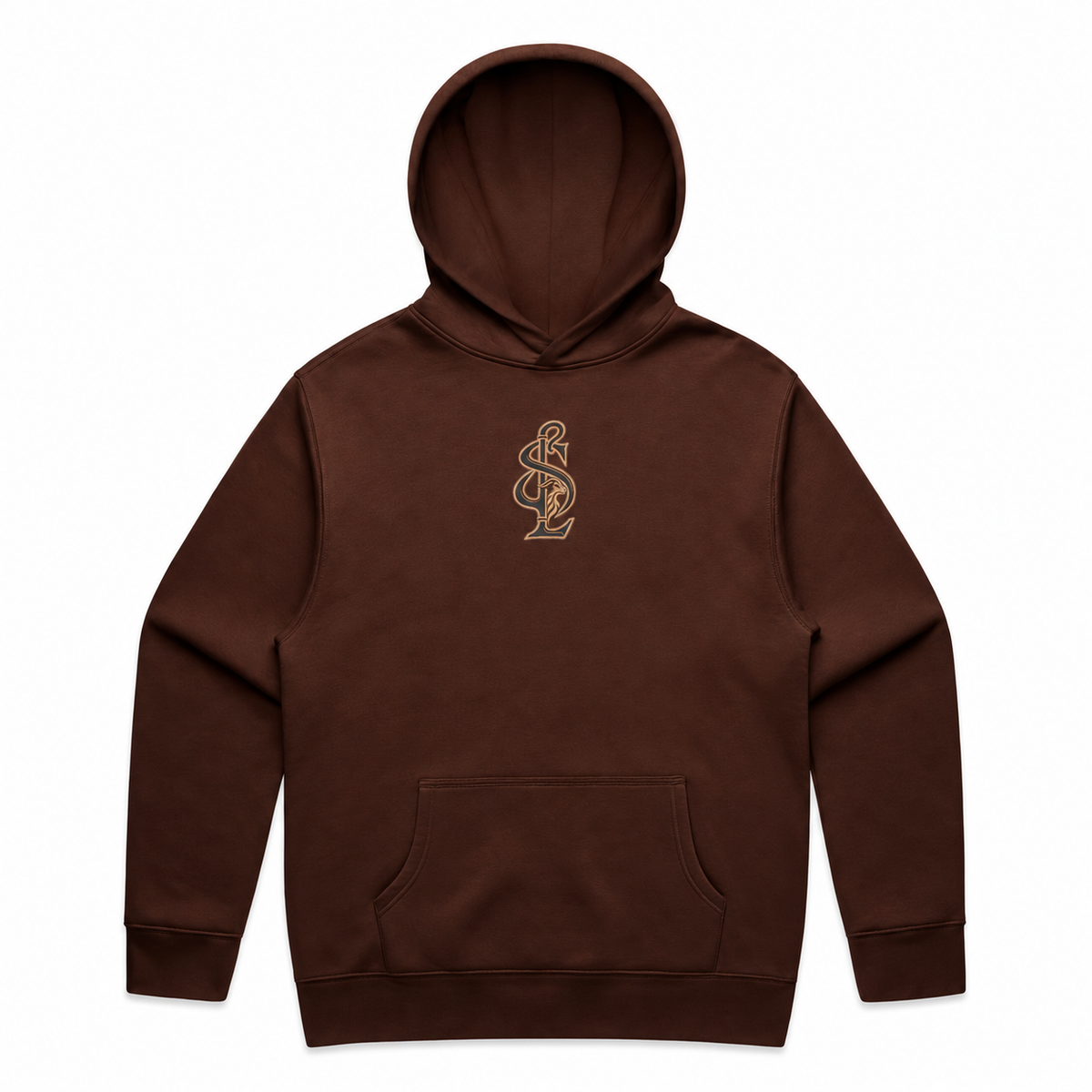 Front view of the Shepherd & Lamb Signature Relax Hoodie in Chestnut, with centered chest monogram.