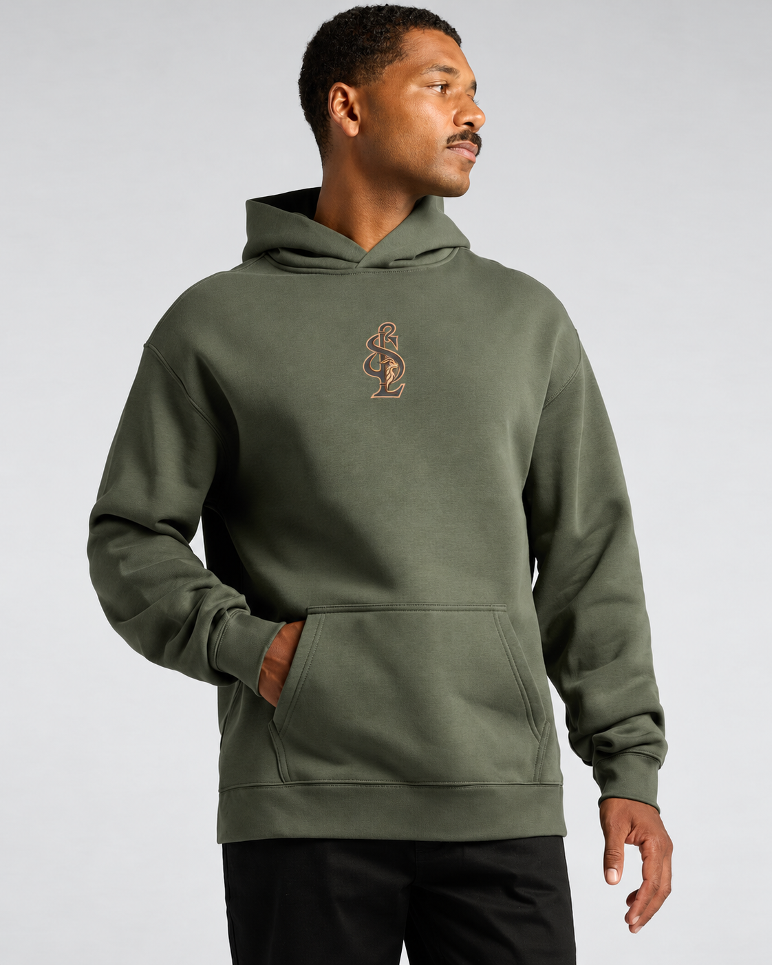 Model wearing the Shepherd & Lamb Signature Relax Hoodie in Cypress, showing the front design and fit.