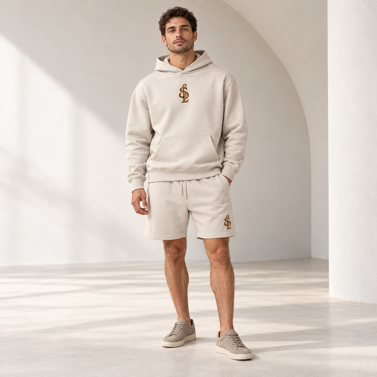 Bone Signature Relax Hoodie styled with coordinating Relax Track Shorts. Pieces sold separately.