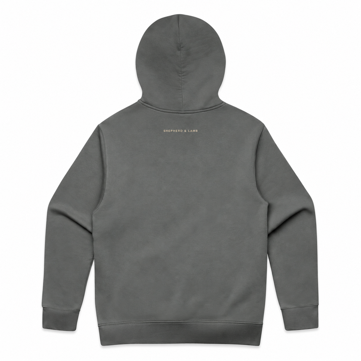 Back view of the Shepherd & Lamb Signature Relax Hoodie in Shadow, showing the upper-back wordmark.