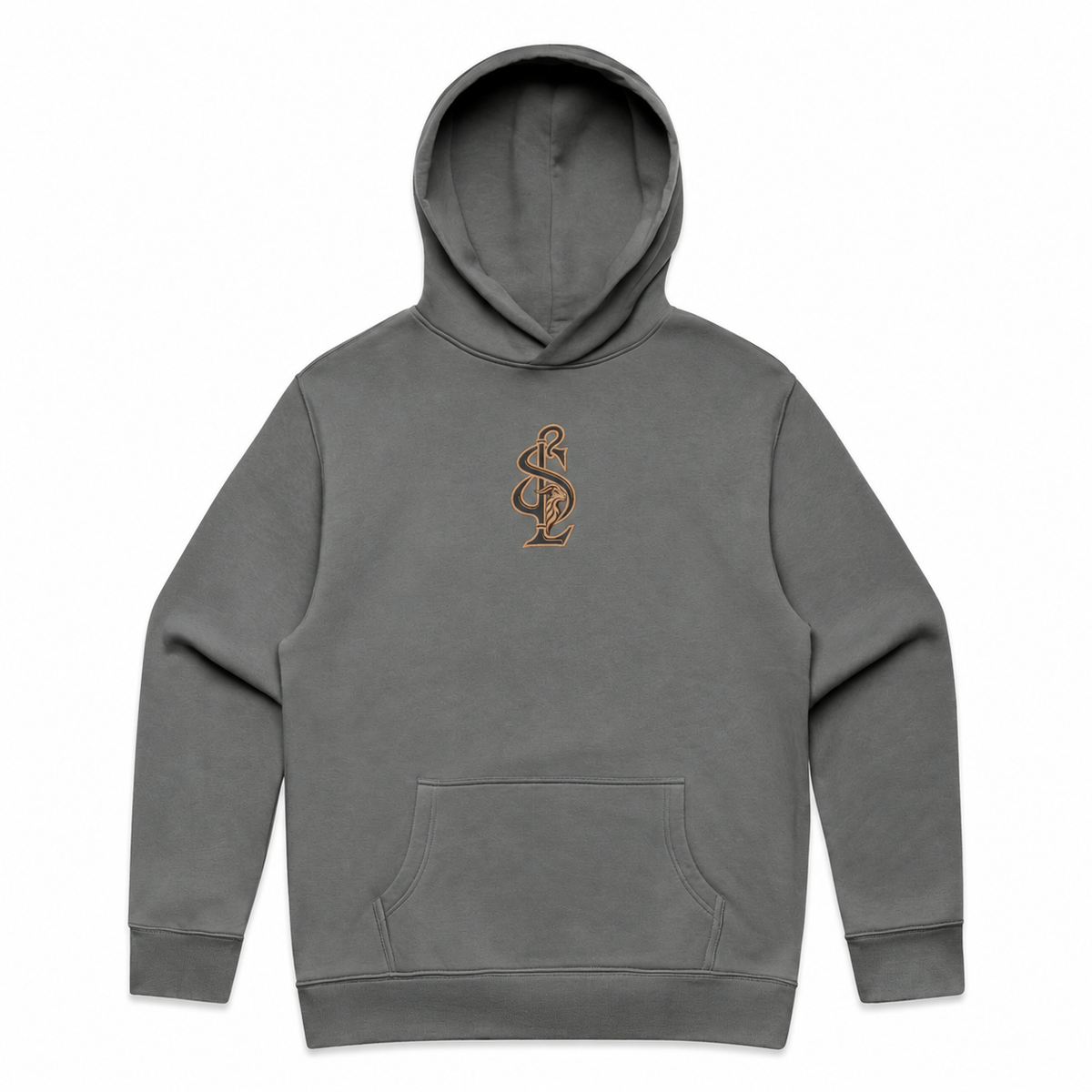 Front view of the Shepherd & Lamb Signature Relax Hoodie in Shadow, with centered chest monogram.