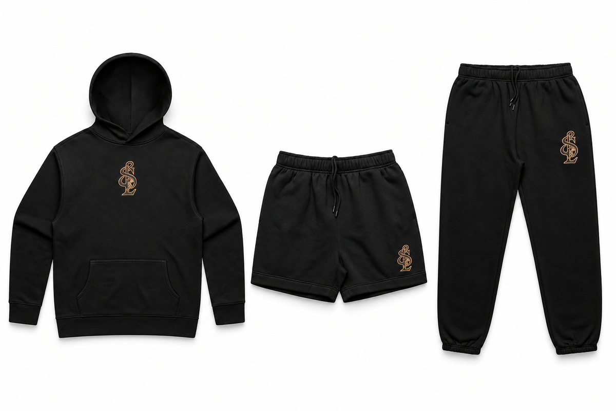 Black Signature Relax Hoodie shown with coordinating Relax Track Shorts and Relax Track Pants. Pieces sold separately.