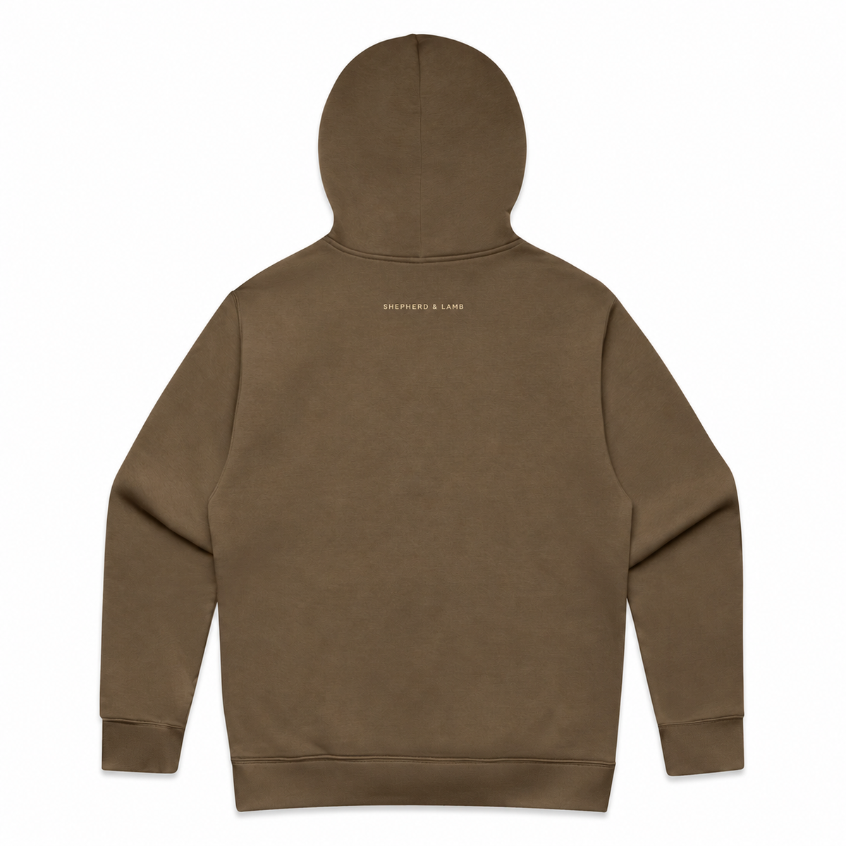 Back view of the Shepherd & Lamb Signature Relax Hoodie in Walnut, showing the upper-back wordmark.